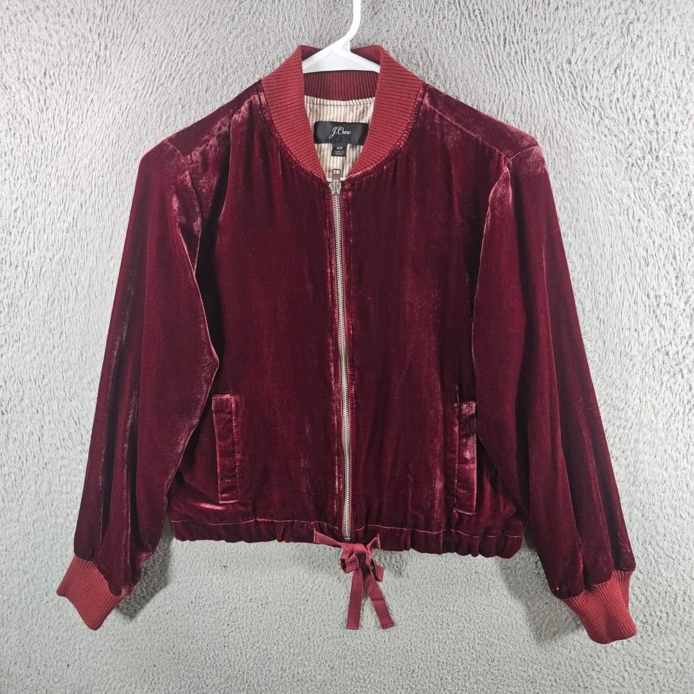 J.Crew Womens Velvet Bomber Jacket XS Burgundy Red Zip Front Drawstring Hem